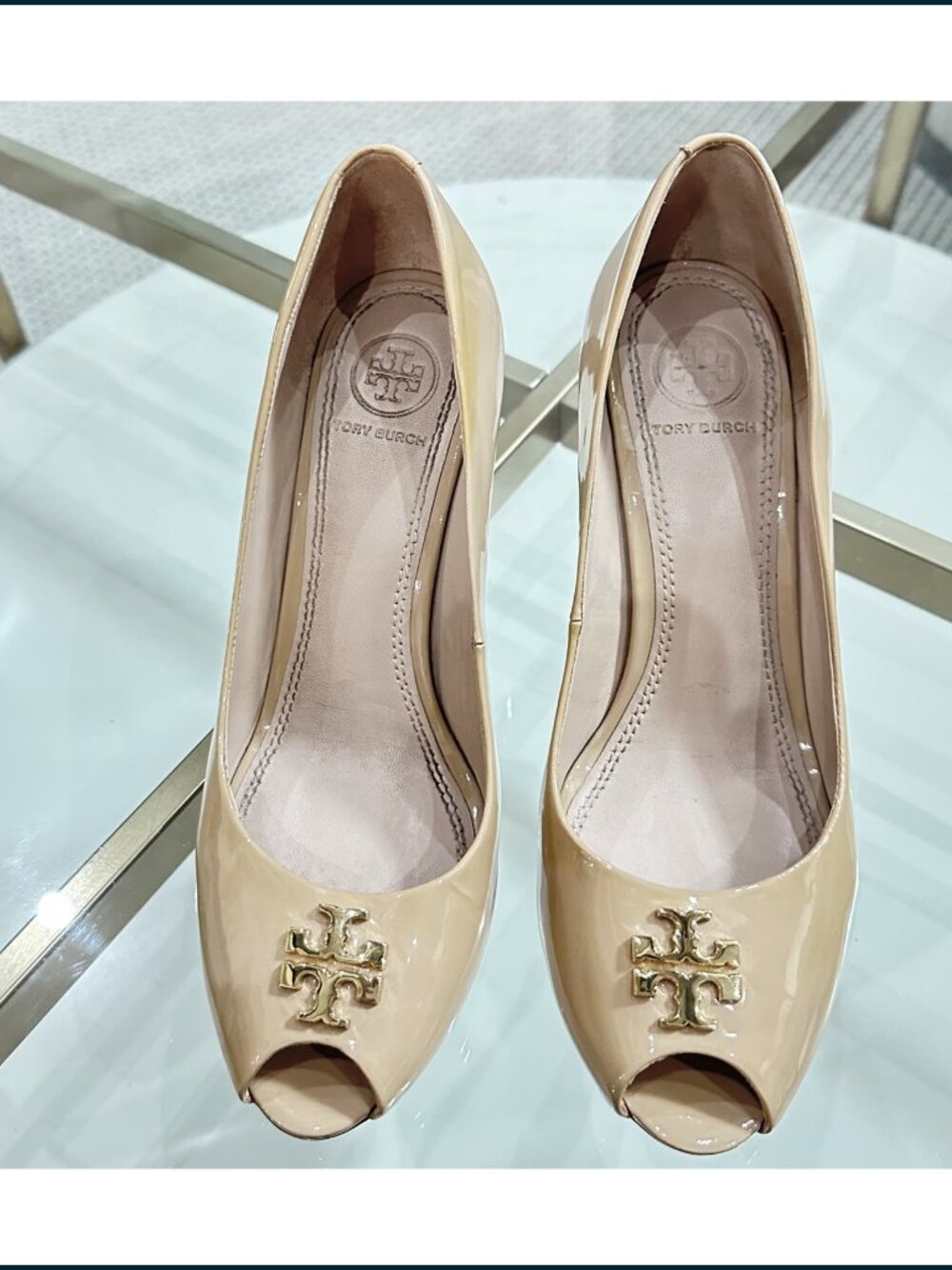 Tory Burch Jade Peep-toe Wedge 3.35" Heels-Nude Patent Leather Size: 7.5